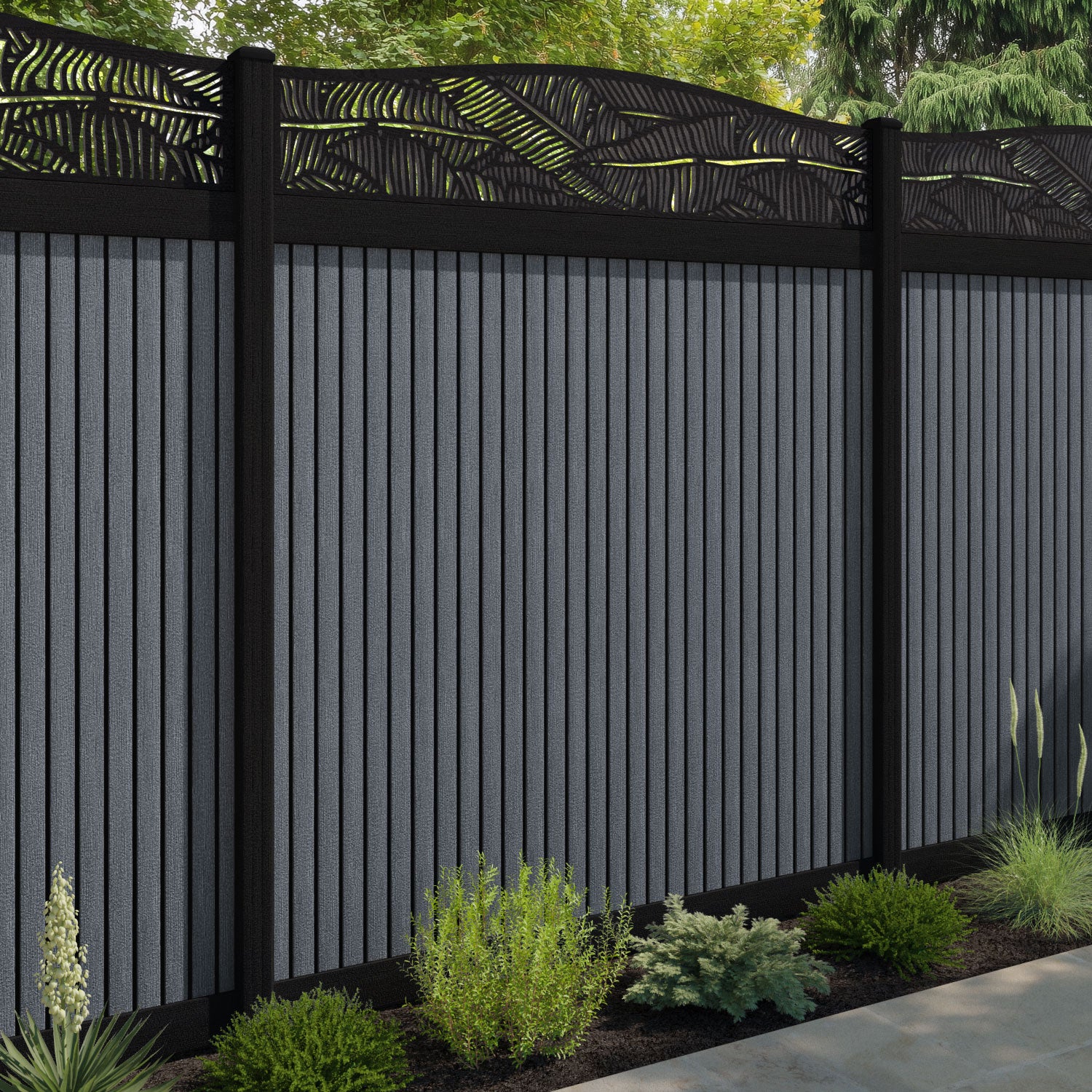 Virtis Feather Curved Top Fence Panel - Anthracite - with our composite posts