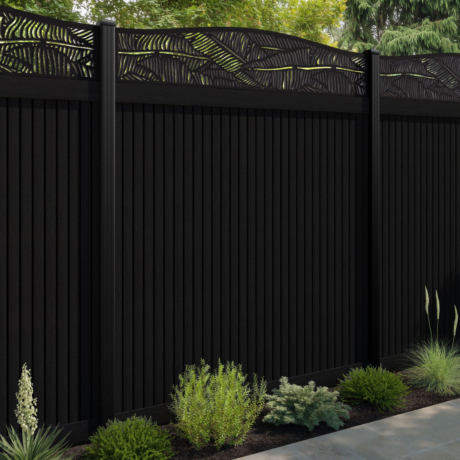 Virtis Feather Curved Top Fence Panel - Black - with our aluminium posts