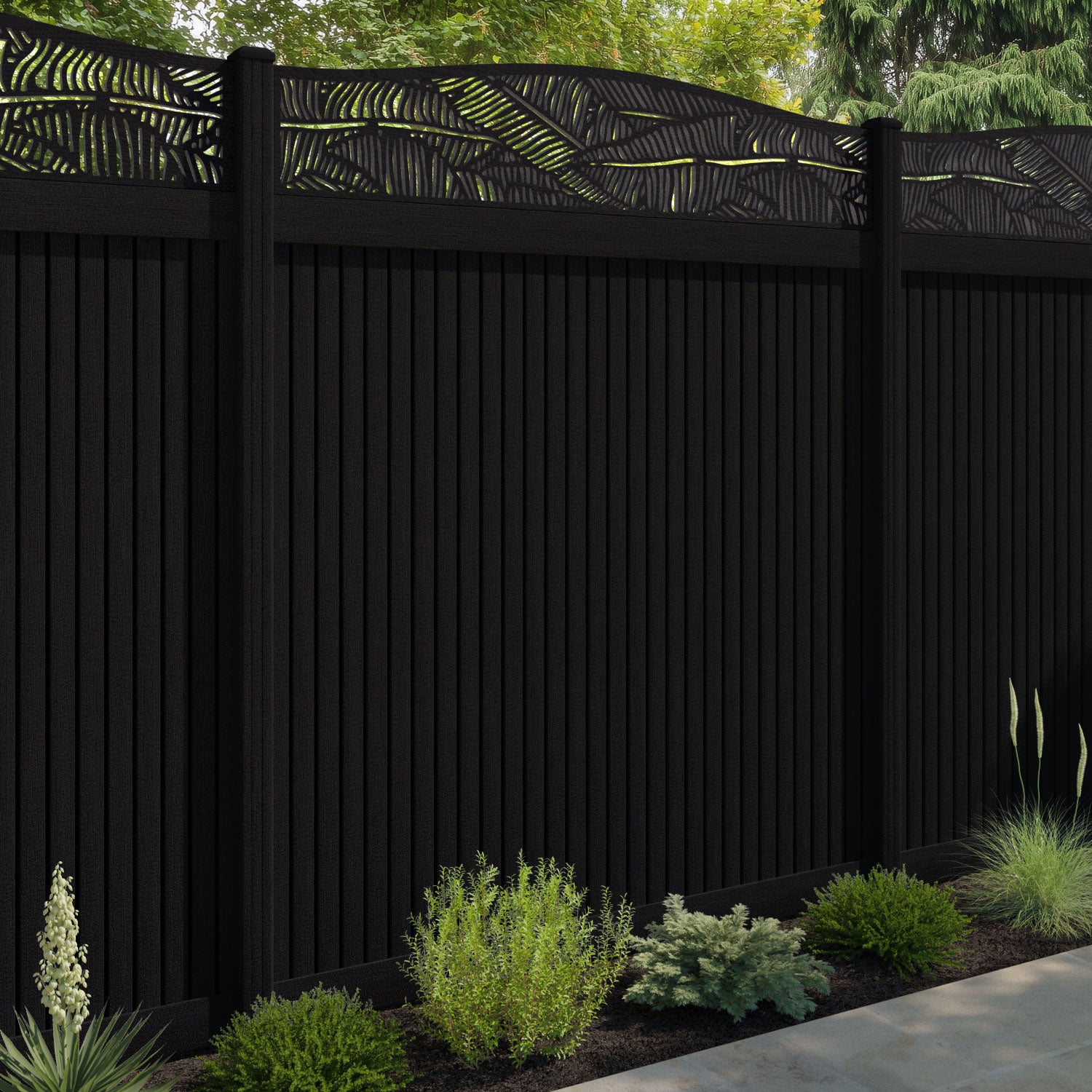 Virtis Feather Curved Top Fence Panel - Black - with our composite posts