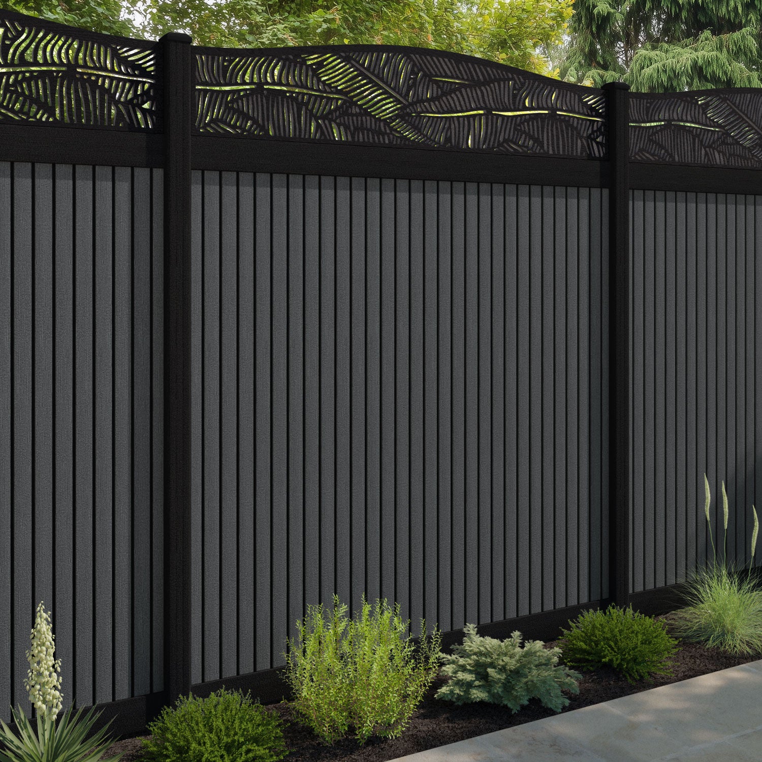 Virtis Feather Curved Top Fence Panel - Dark Grey - with our aluminium posts