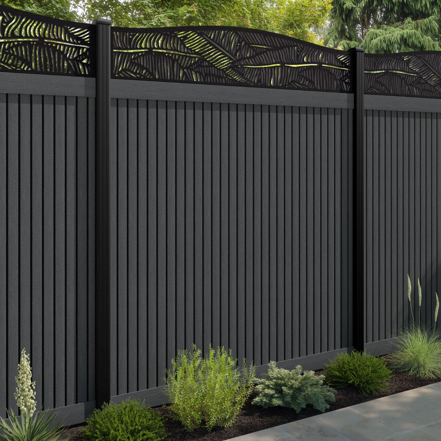Virtis Feather Curved Top Fence Panel - Dark Grey - with our aluminium posts