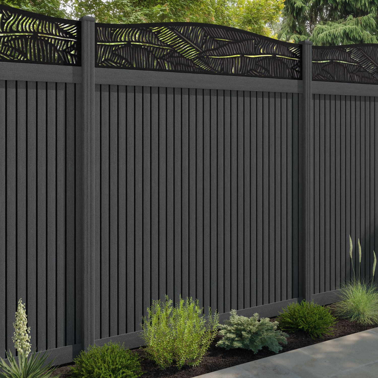 Virtis Feather Curved Top Fence Panel - Dark Grey - with our composite posts