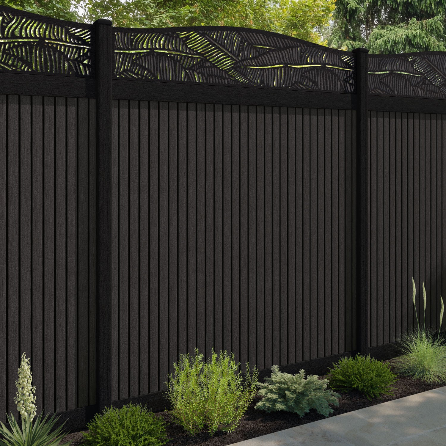 Virtis Feather Curved Top Fence Panel - Dark Oak - with our aluminium posts