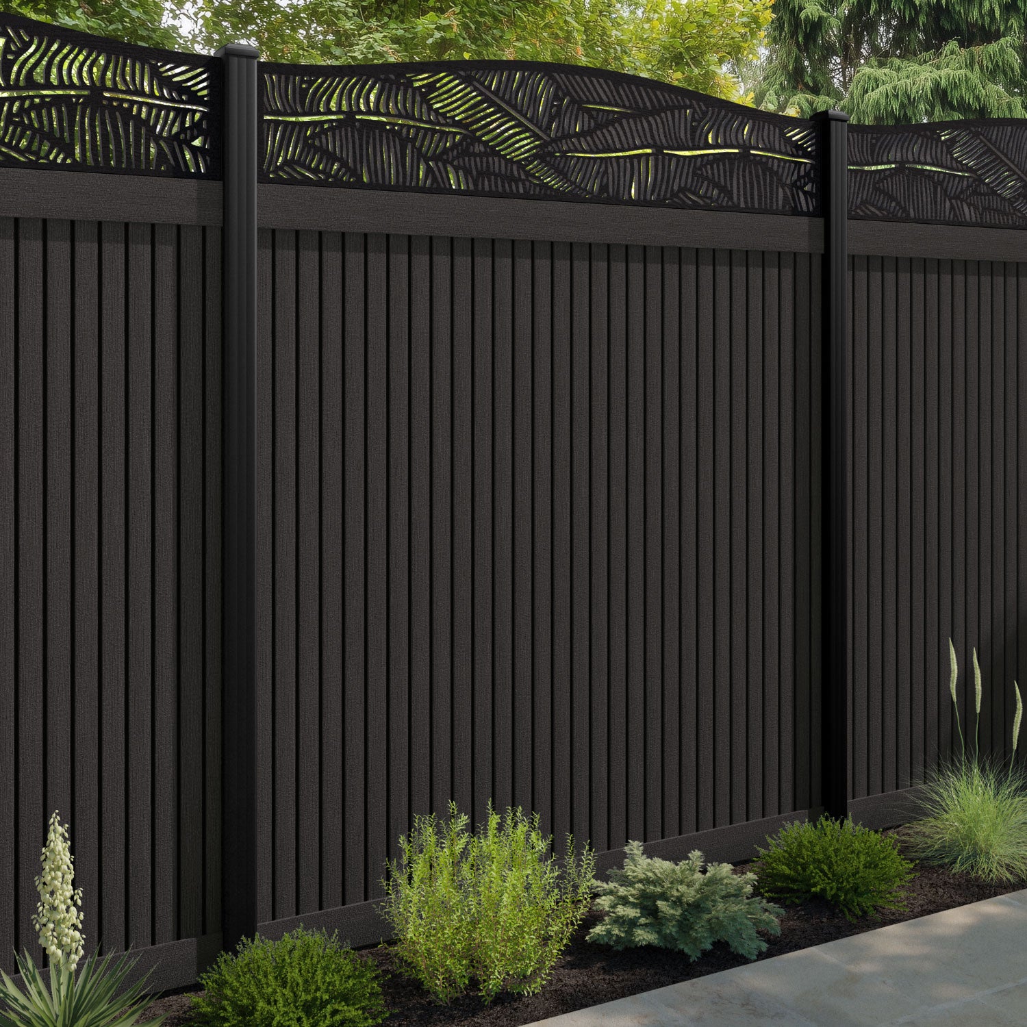 Virtis Feather Curved Top Fence Panel - Dark Oak - with our composite posts