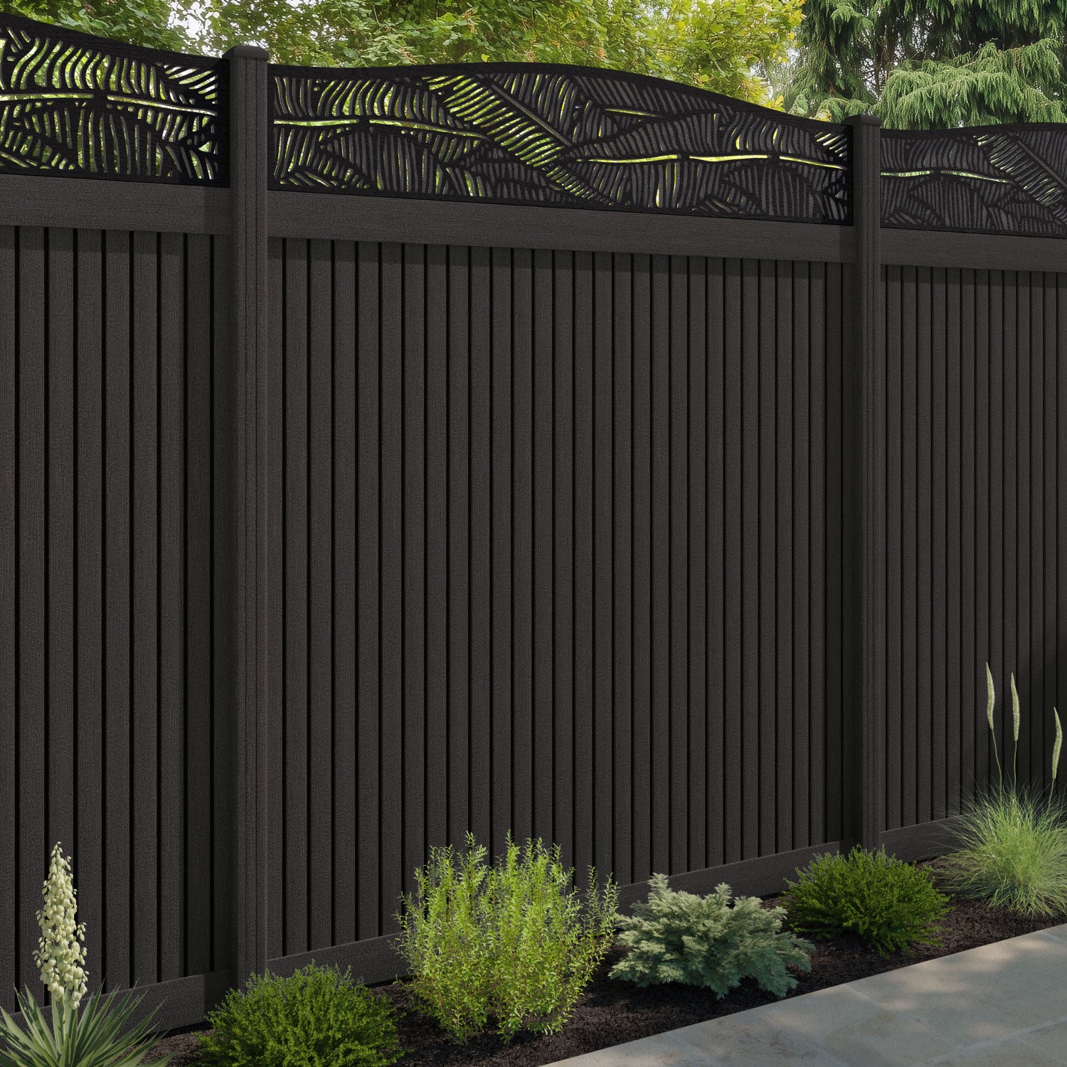 Virtis Feather Curved Top Fence Panel - Dark Oak - with our composite posts