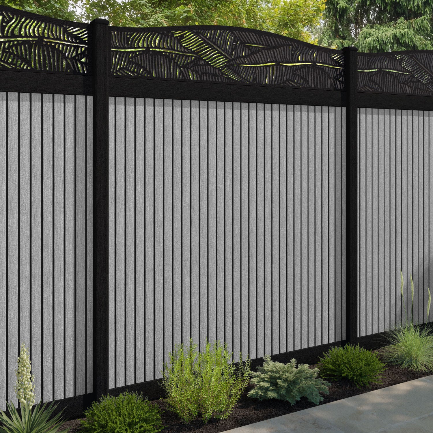 Virtis Feather Curved Top Fence Panel - Light Grey - with our composite posts
