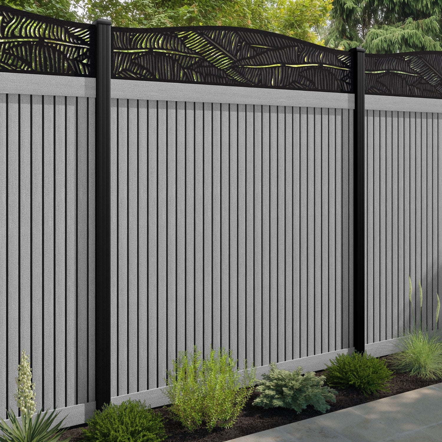 Virtis Feather Curved Top Fence Panel - Light Grey - with our aluminium posts