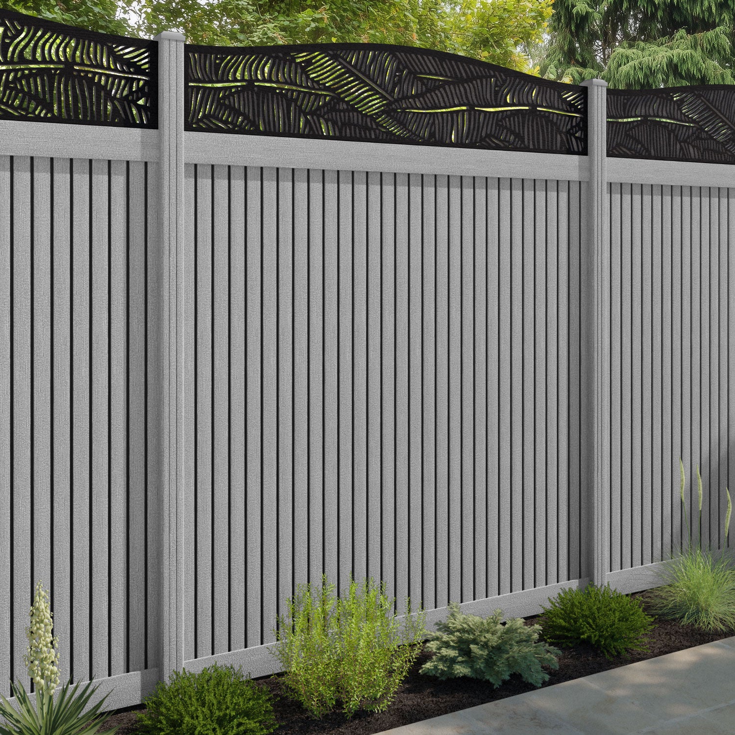 Virtis Feather Curved Top Fence Panel - Light Grey - with our composite posts
