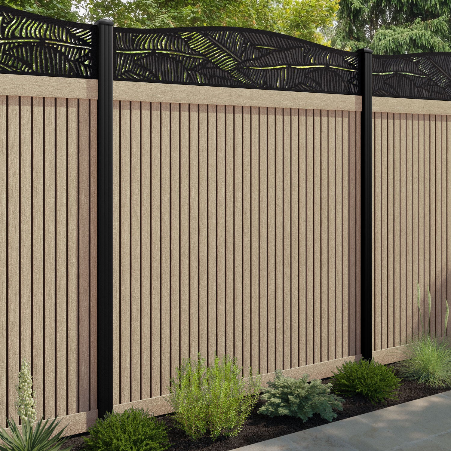 Virtis Feather Curved Top Fence Panel - Light Oak - with our composite posts