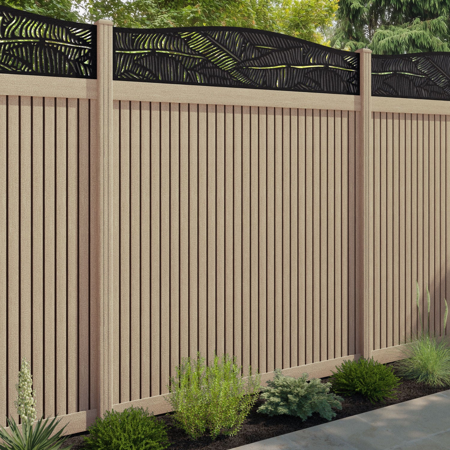 Virtis Feather Curved Top Fence Panel - Light Oak - with our composite posts