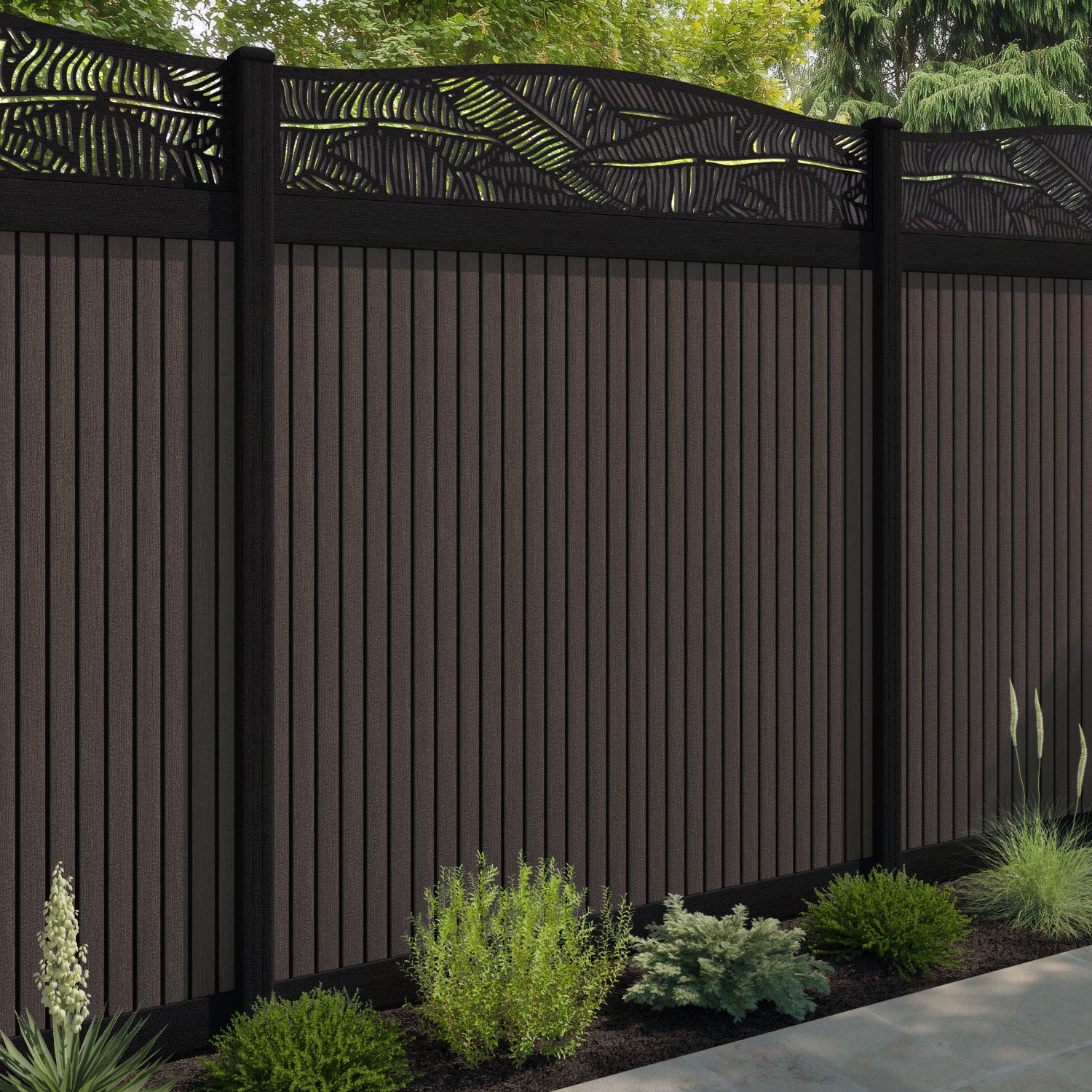Virtis Feather Curved Top Fence Panel - Mid Brown - with our composite posts