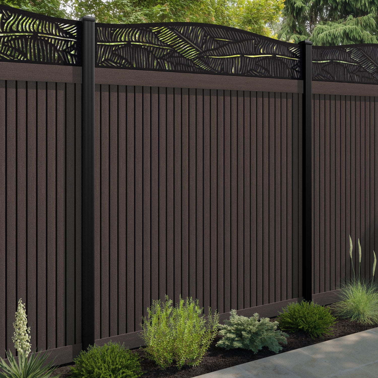 Virtis Feather Curved Top Fence Panel - Mid Brown - with our aluminium posts