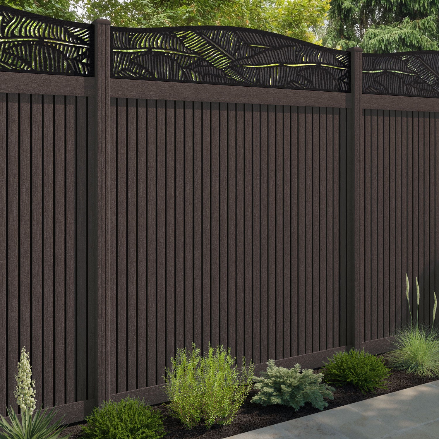 Virtis Feather Curved Top Fence Panel - Mid Brown - with our composite posts