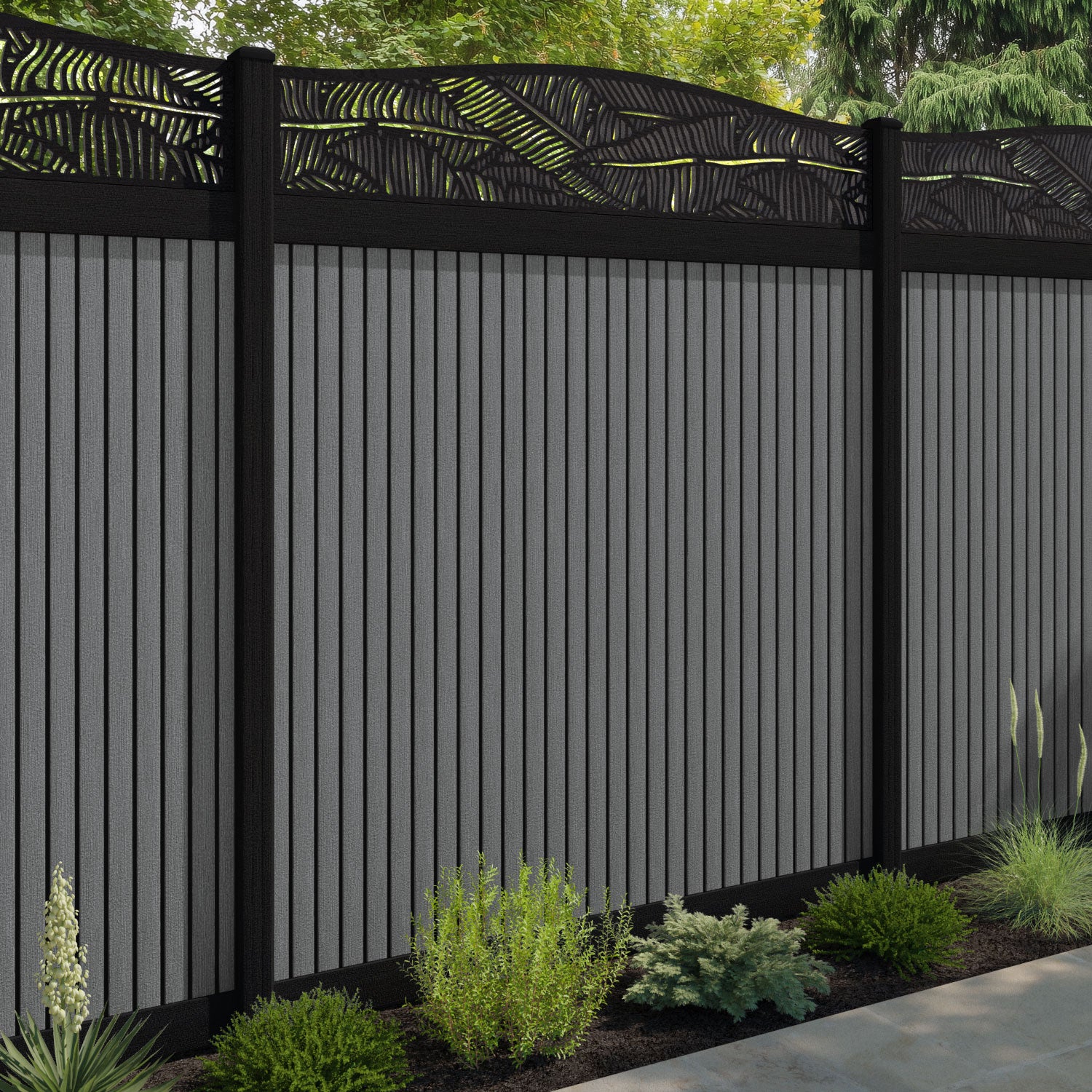 Virtis Feather Curved Top Fence Panel - Mid Grey - with our composite posts