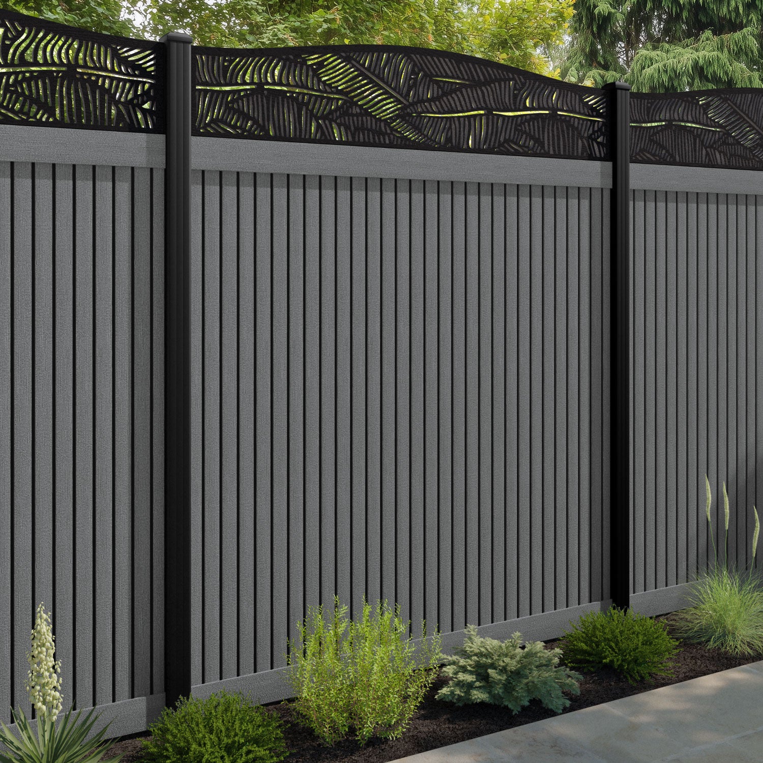 Virtis Feather Curved Top Fence Panel - Mid Grey - with our composite posts