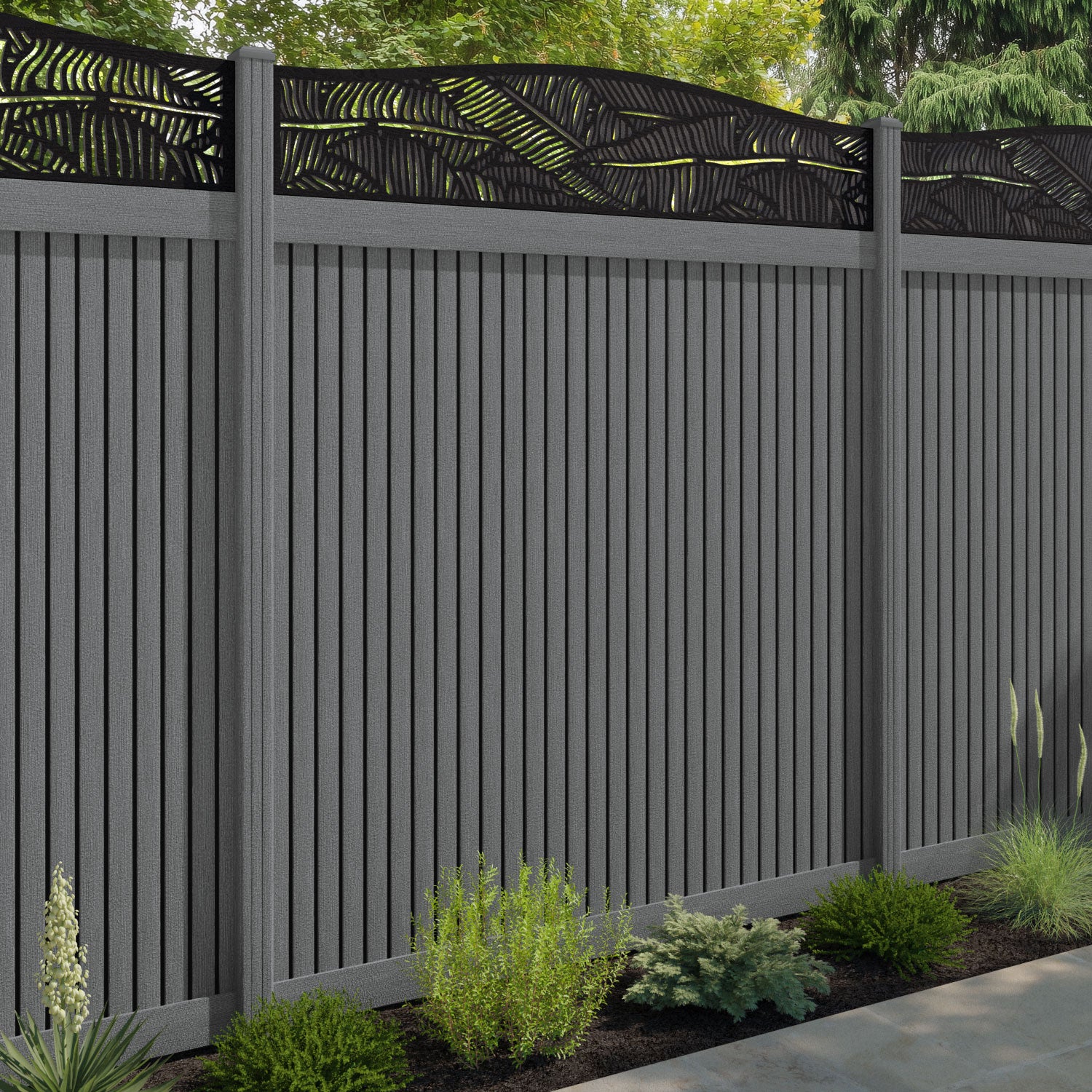 Virtis Feather Curved Top Fence Panel - Mid Grey - with our composite posts