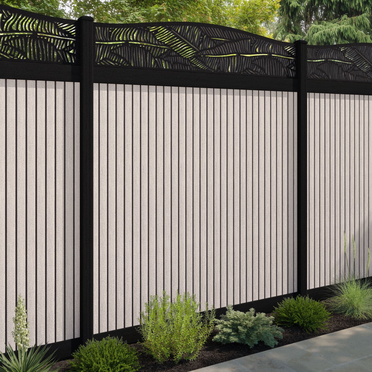 Virtis Feather Curved Top Fence Panel - Mid Stone - with our composite posts