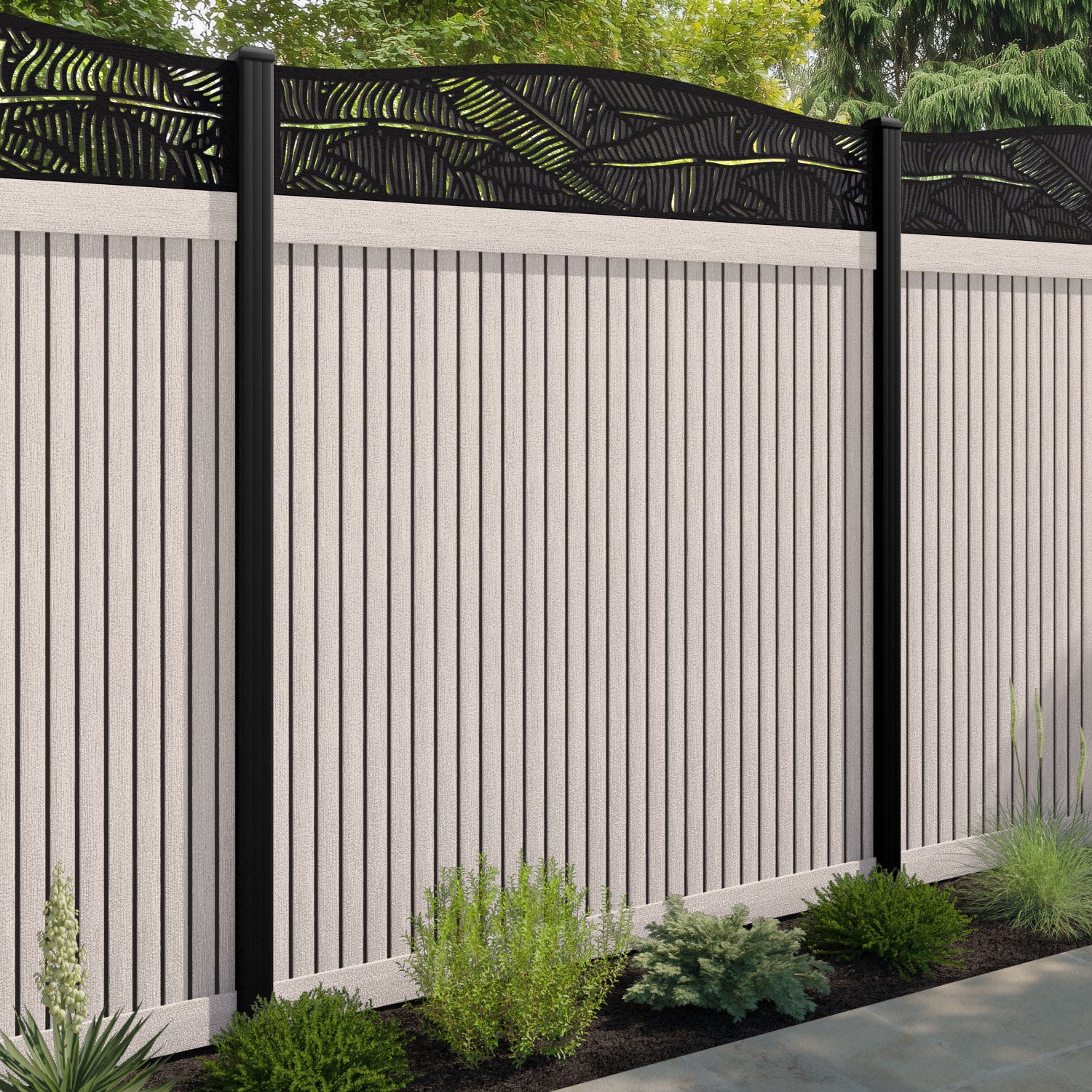 Virtis Feather Curved Top Fence Panel - Mid Stone - with our aluminium posts