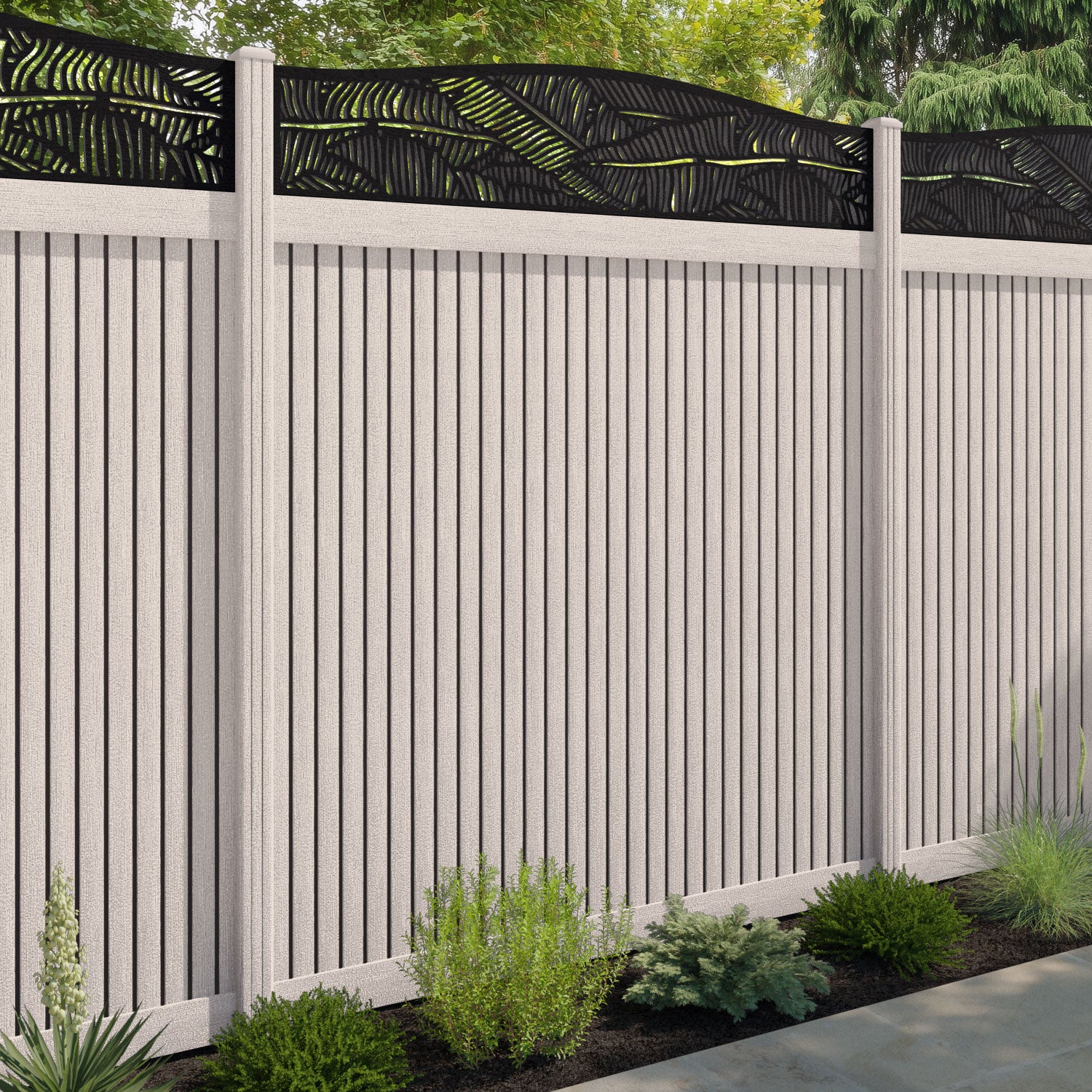 Virtis Feather Curved Top Fence Panel - Mid Stone - with our composite posts