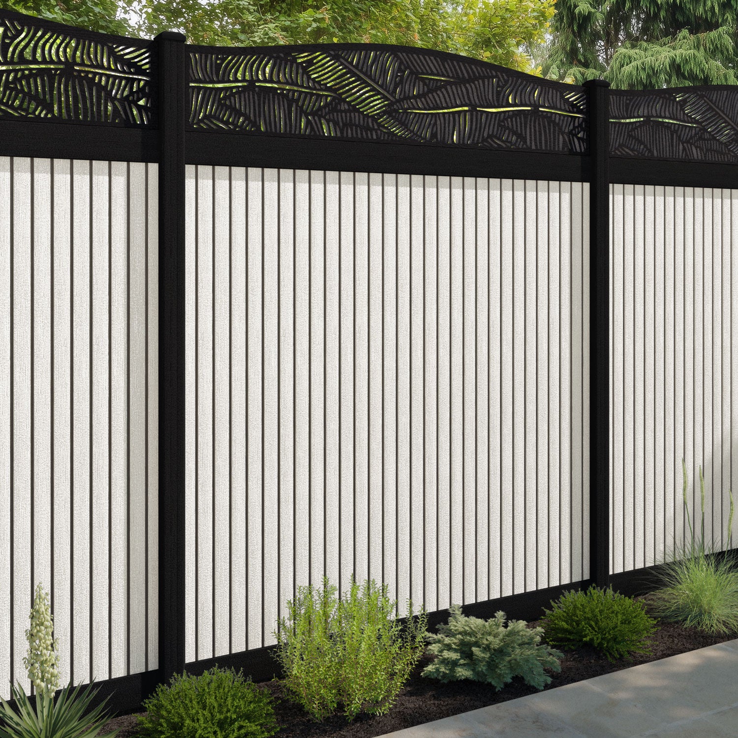Virtis Feather Curved Top Fence Panel - Light Stone - with our aluminium posts
