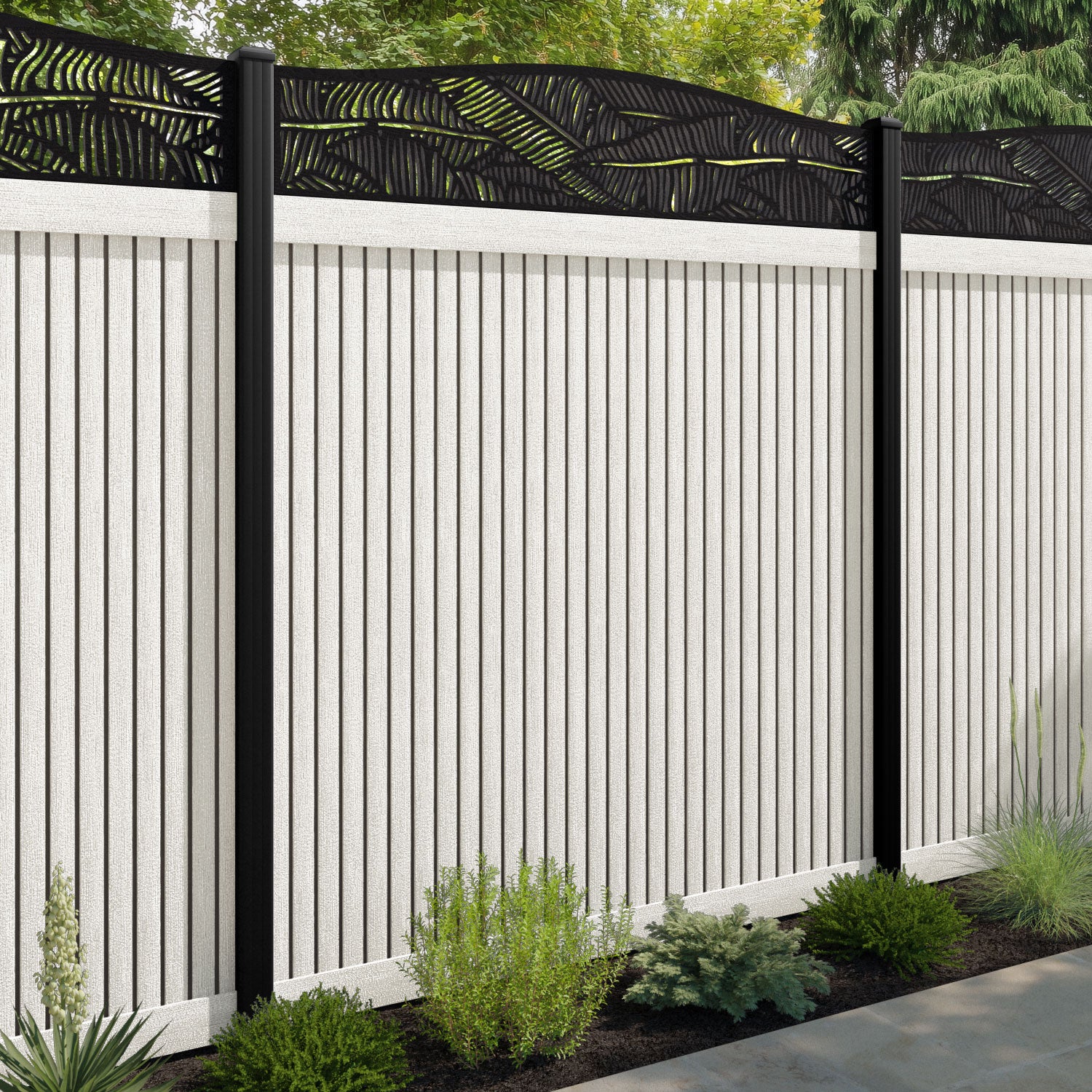 Virtis Feather Curved Top Fence Panel - Light Stone - with our aluminium posts