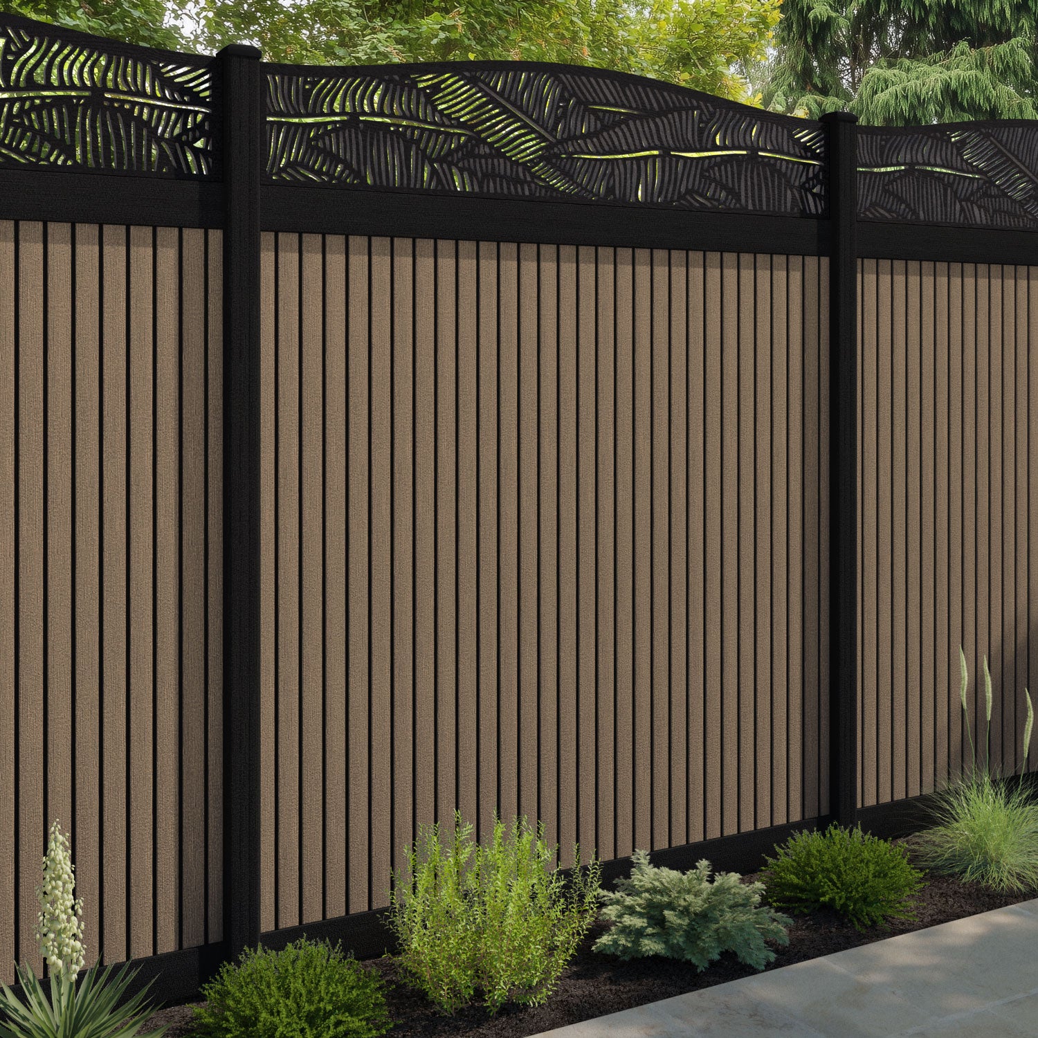 Virtis Feather Curved Top Fence Panel - Teak - with our aluminium posts