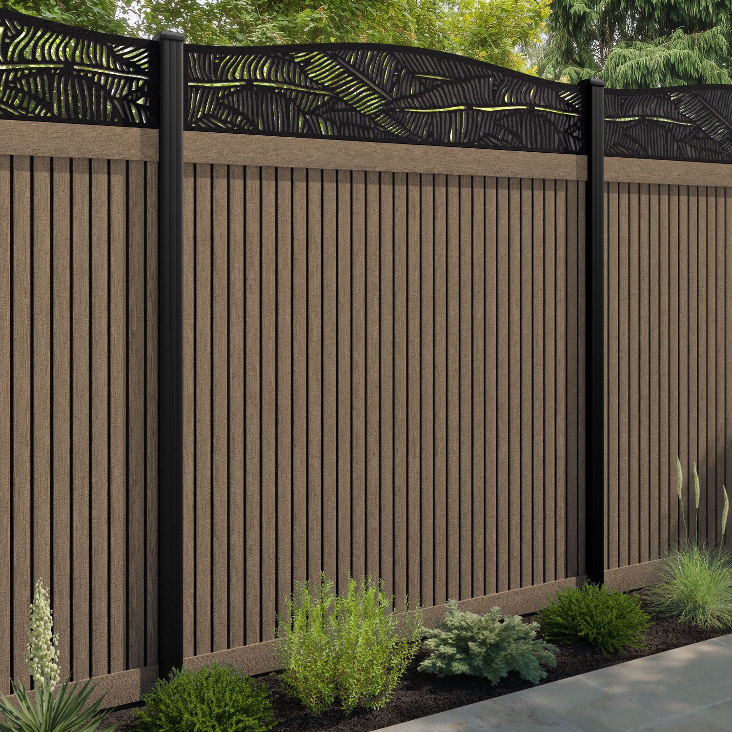 Virtis Feather Curved Top Fence Panel - Teak - with our composite posts
