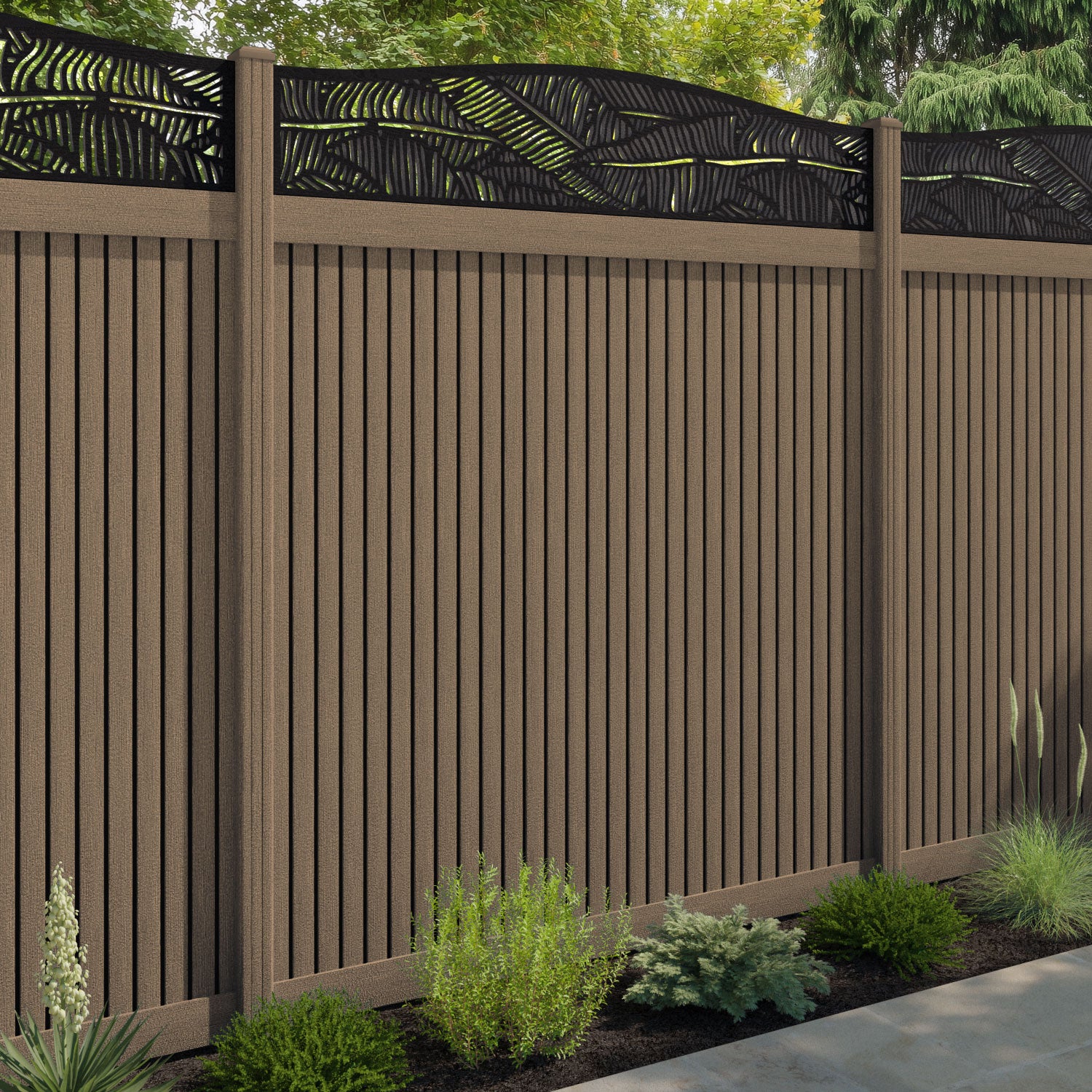 Virtis Feather Curved Top Fence Panel - Teak - with our composite posts