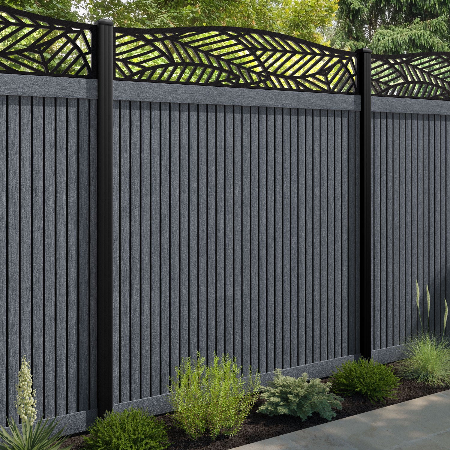 Virtis Habitat Curved Top Fence Panel - Anthracite - with our aluminium posts