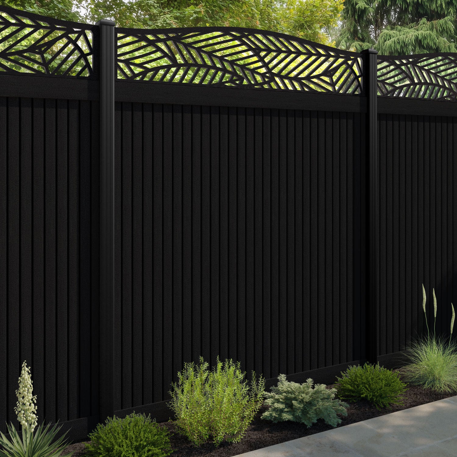 Virtis Habitat Curved Top Fence Panel - Black - with our aluminium posts