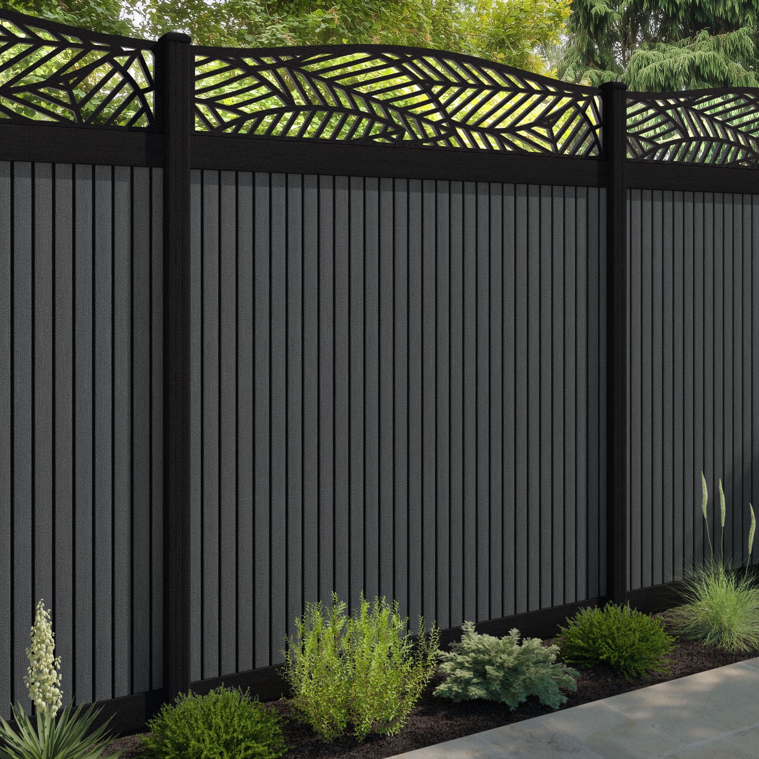 Virtis Habitat Curved Top Fence Panel - Dark Grey - with our composite posts