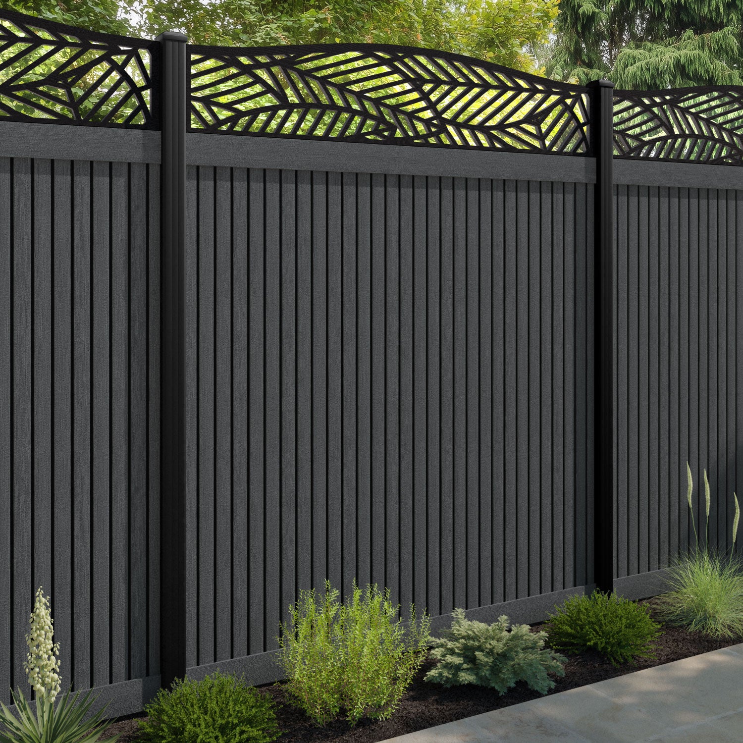 Virtis Habitat Curved Top Fence Panel - Dark Grey - with our aluminium posts
