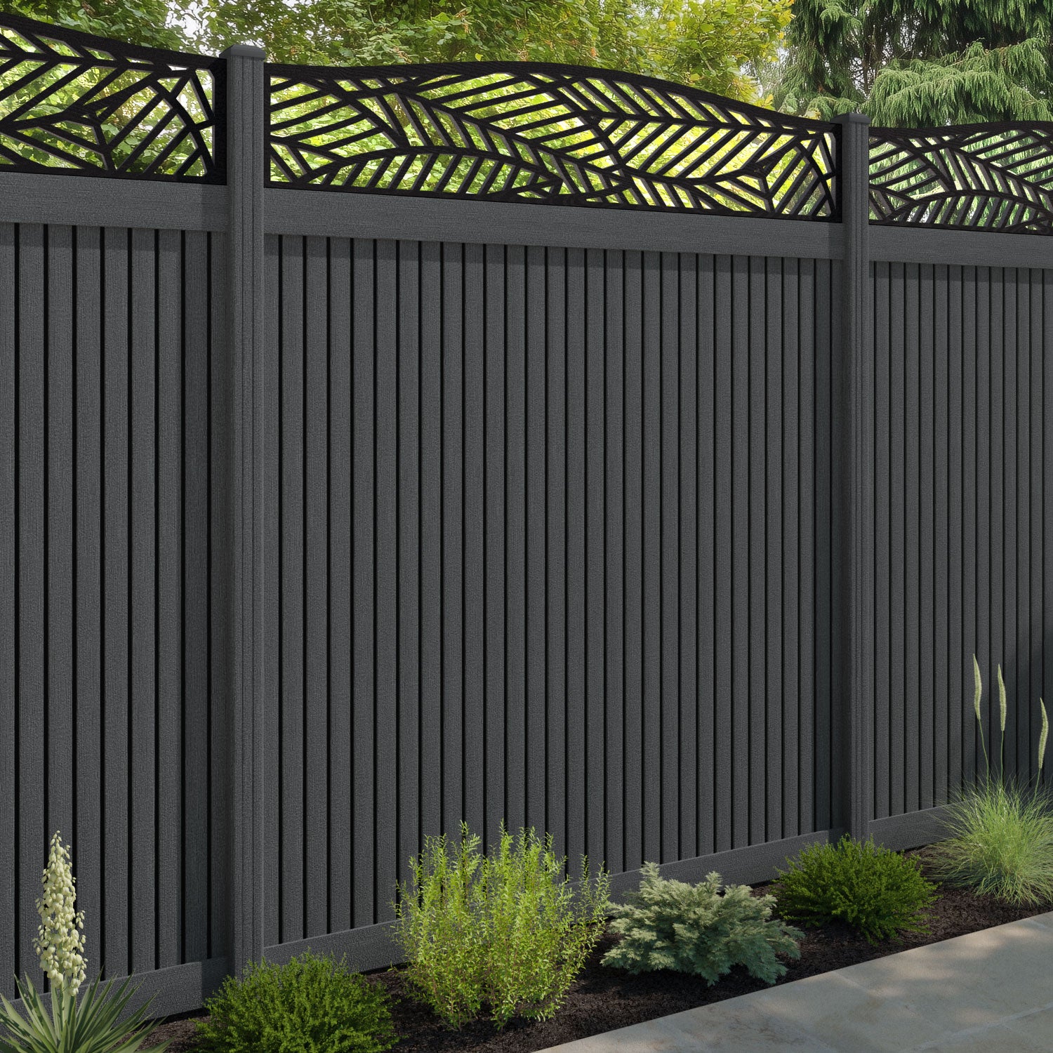 Virtis Habitat Curved Top Fence Panel - Dark Grey - with our composite posts