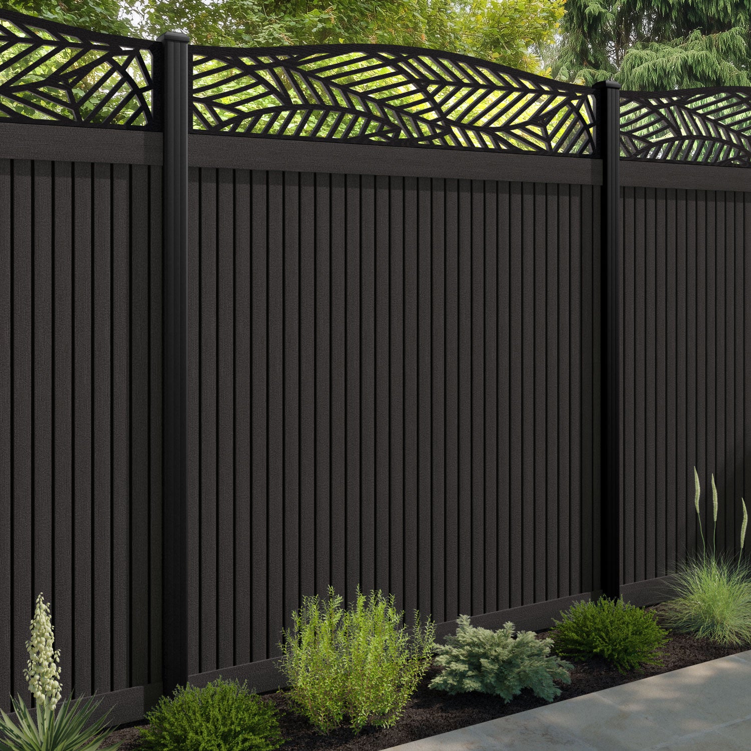 Virtis Habitat Curved Top Fence Panel - Dark Oak - with our composite posts