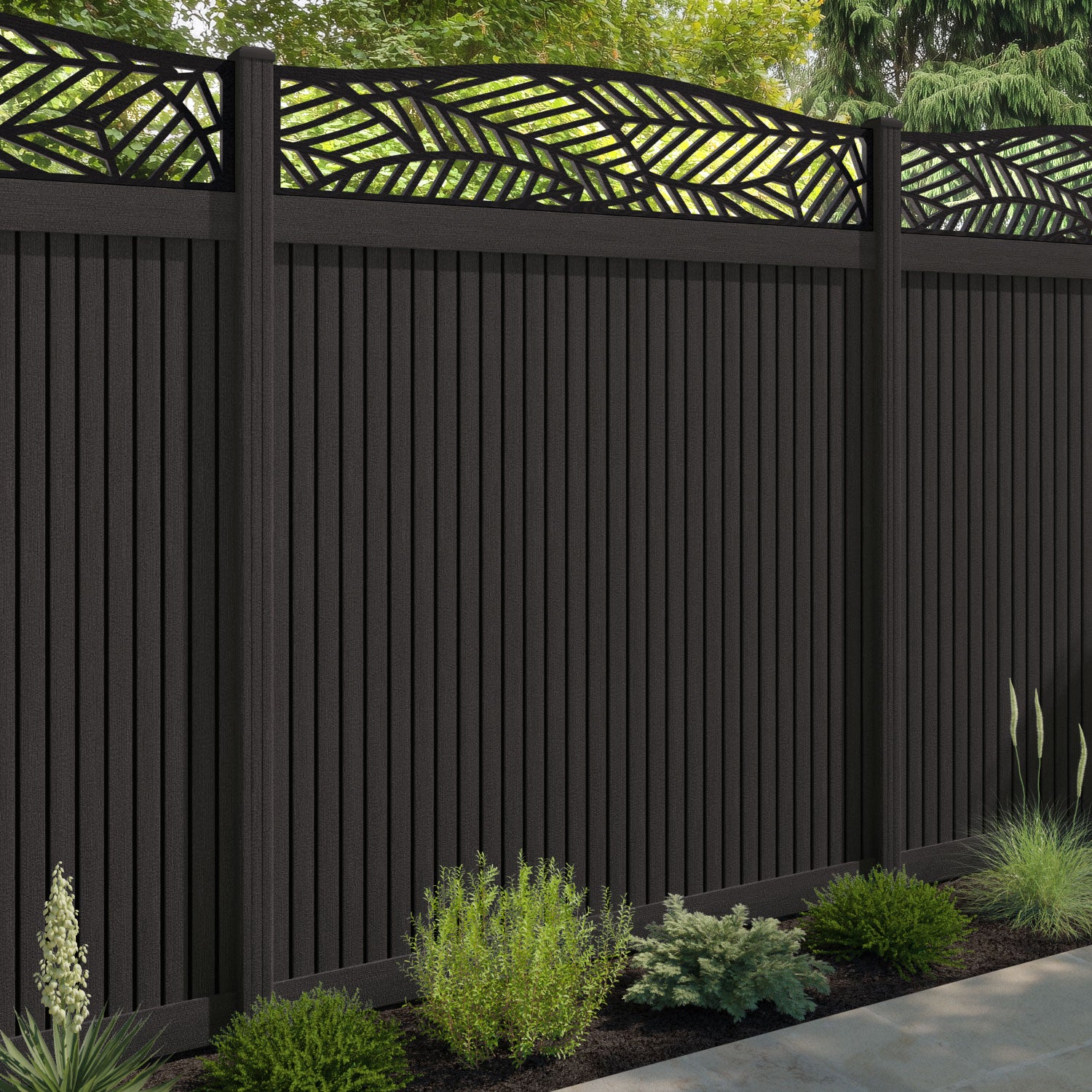 Virtis Habitat Curved Top Fence Panel - Dark Oak - with our composite posts