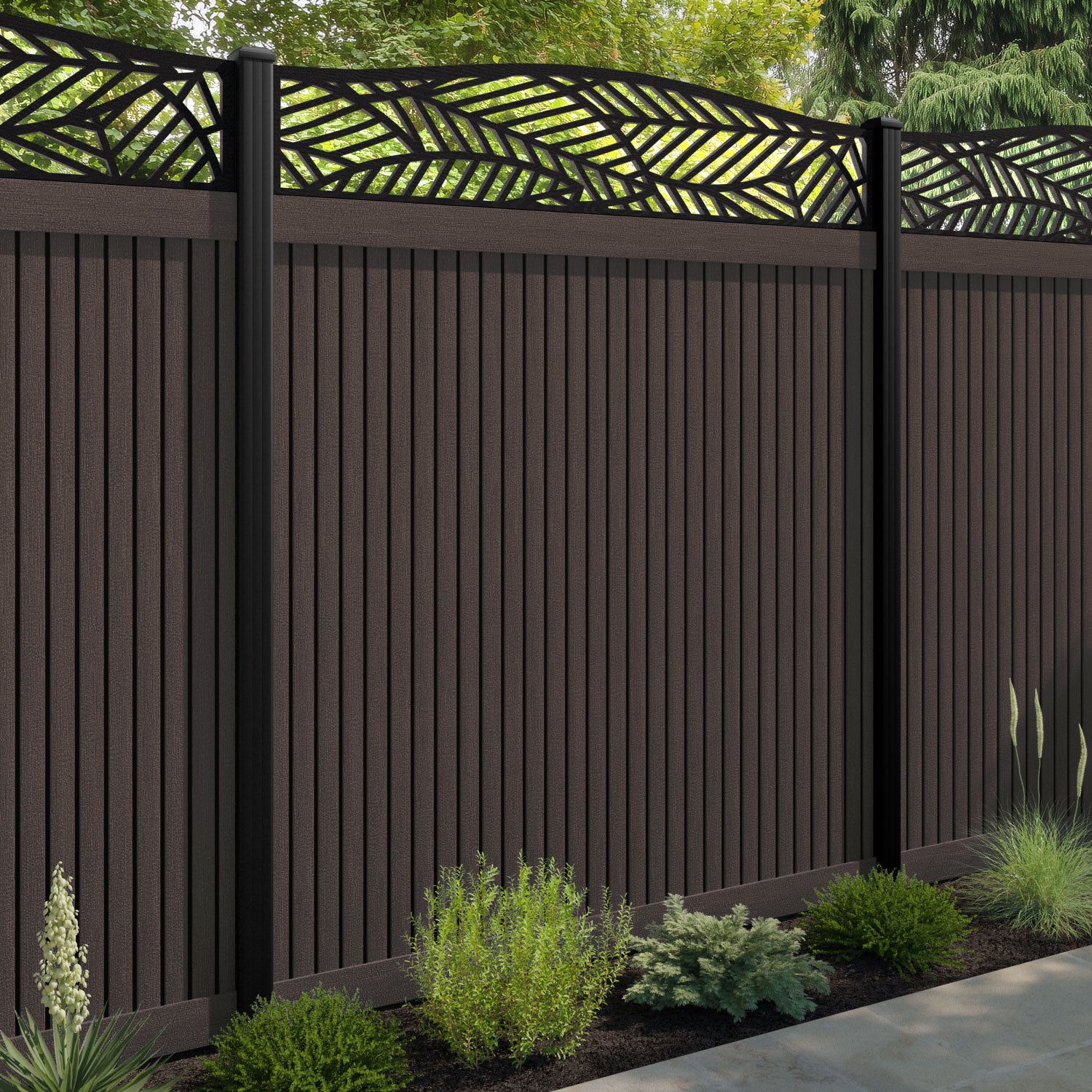 Virtis Habitat Curved Top Fence Panel - Mid Brown - with our aluminium posts