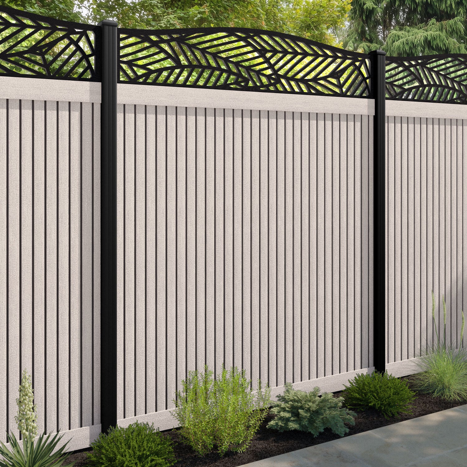 Virtis Habitat Curved Top Fence Panel - Mid Stone - with our aluminium posts