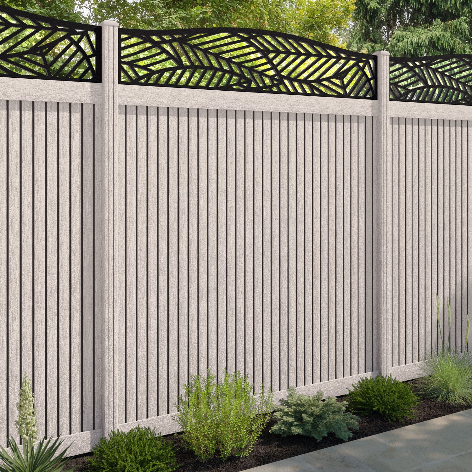Virtis Habitat Curved Top Fence Panel - Mid Stone - with our composite posts