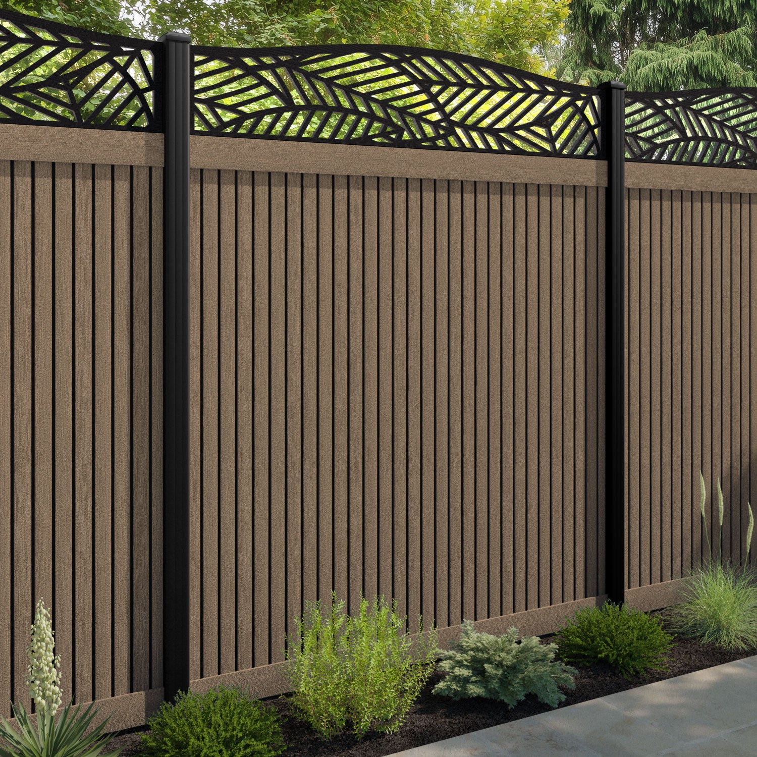 Virtis Habitat Curved Top Fence Panel - Teak - with our aluminium posts