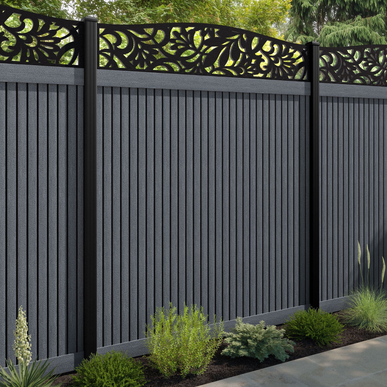 Virtis Heritage Curved Top Fence Panel - Anthracite - with our aluminium posts