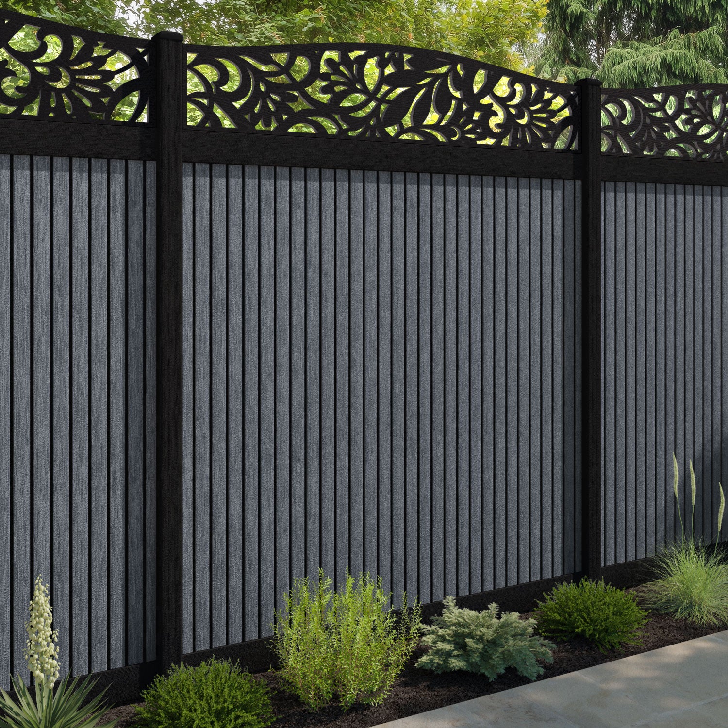 Virtis Heritage Curved Top Fence Panel - Anthracite - with our aluminium posts