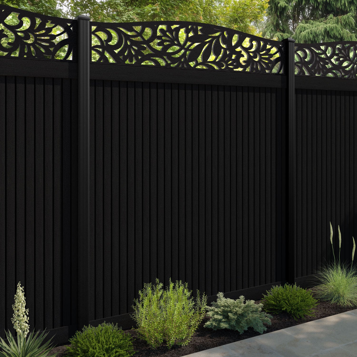 Virtis Heritage Curved Top Fence Panel - Black - with our aluminium posts