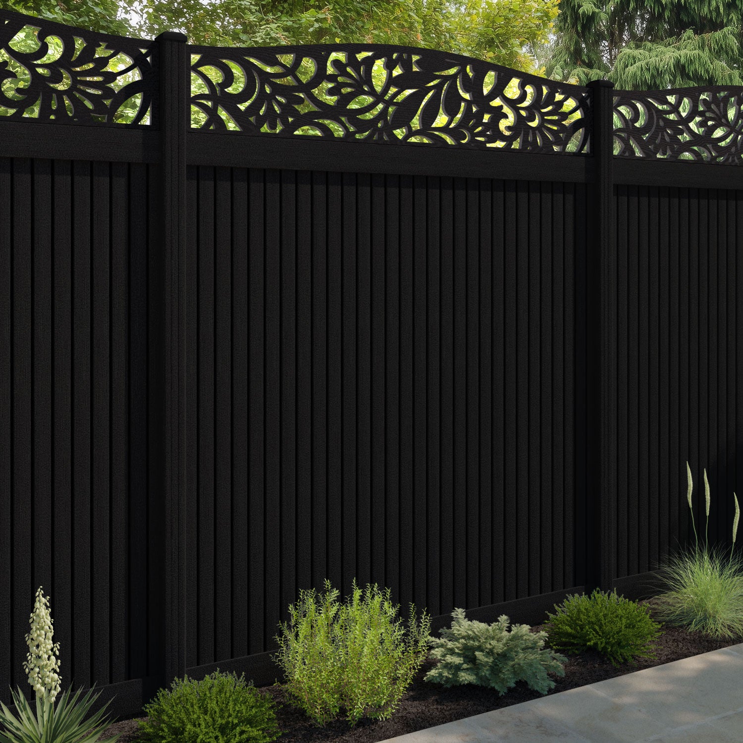 Virtis Heritage Curved Top Fence Panel - Black - with our composite posts