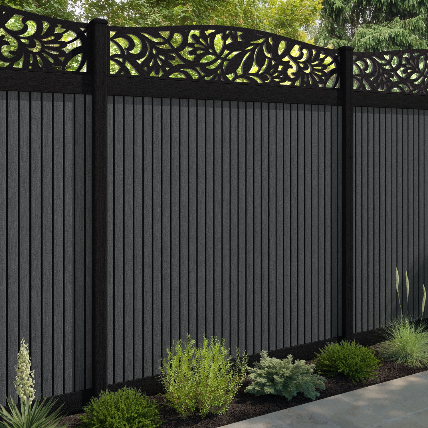 Virtis Heritage Curved Top Fence Panel - Dark Grey - with our aluminium posts
