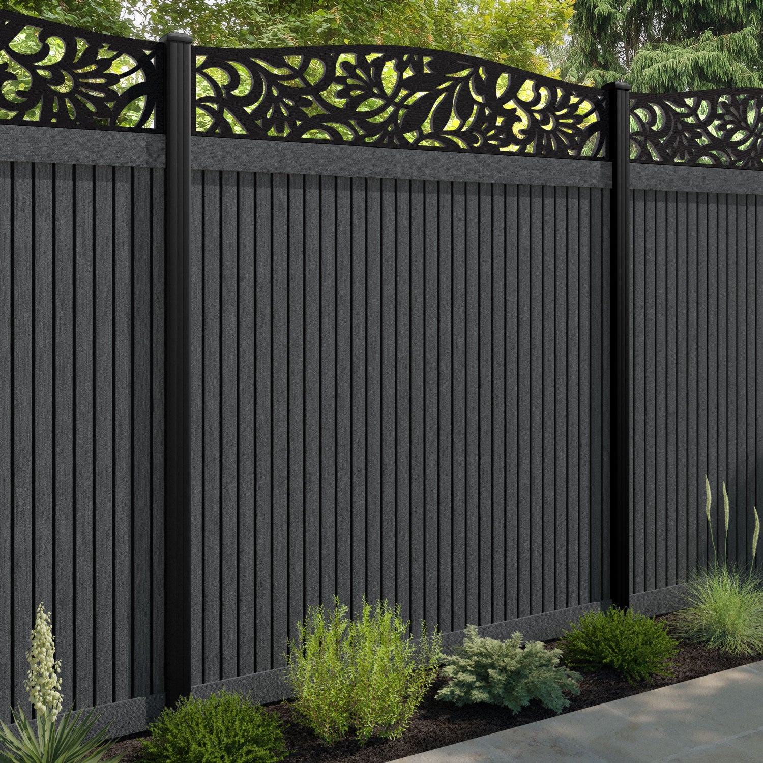 Virtis Heritage Curved Top Fence Panel - Dark Grey - with our composite posts