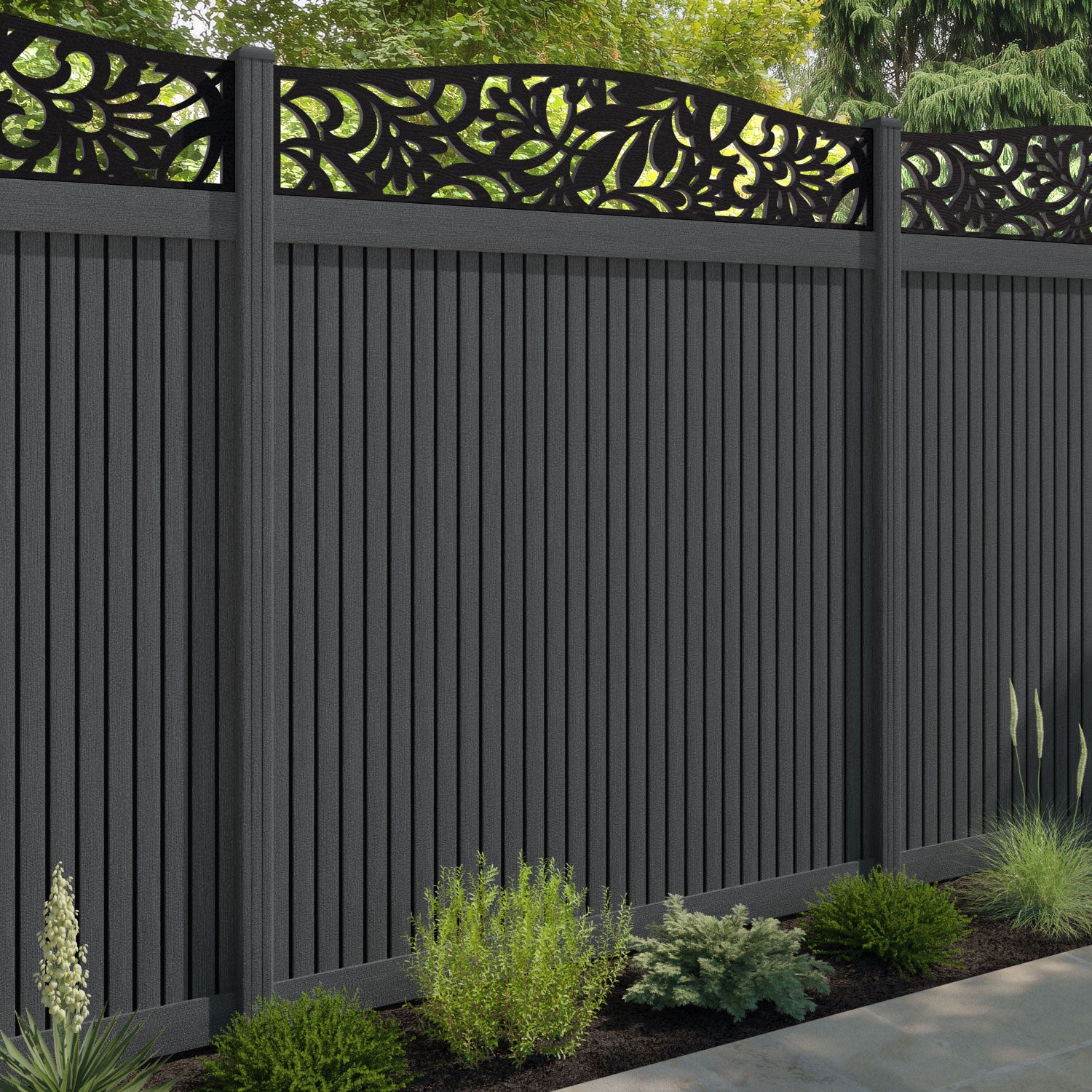 Virtis Heritage Curved Top Fence Panel - Dark Grey - with our composite posts