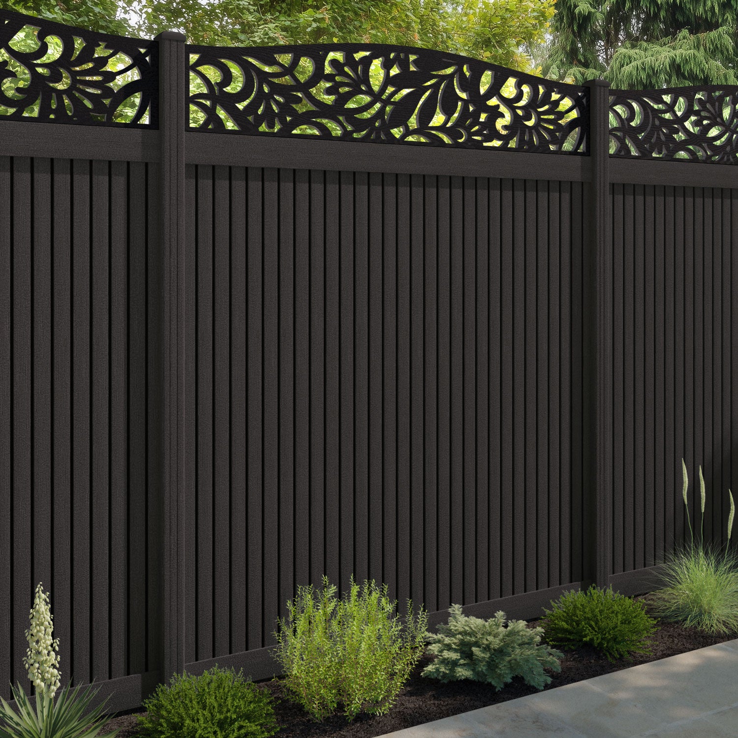Virtis Heritage Curved Top Fence Panel - Dark Oak - with our composite posts