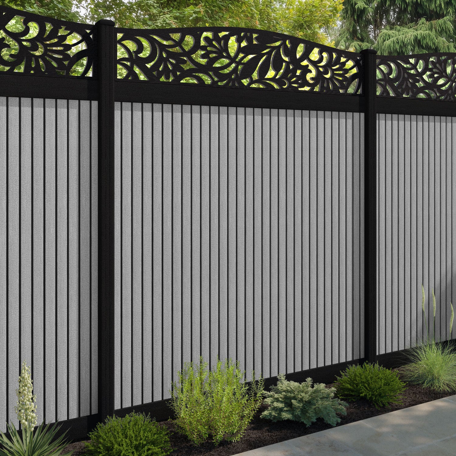 Virtis Heritage Curved Top Fence Panel - Light Grey - with our composite posts