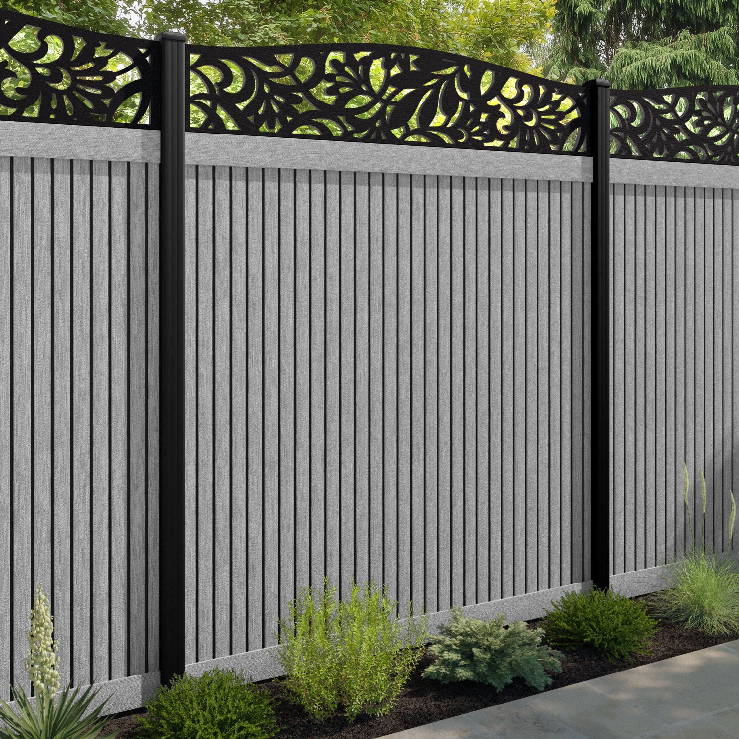 Virtis Heritage Curved Top Fence Panel - Light Grey - with our composite posts