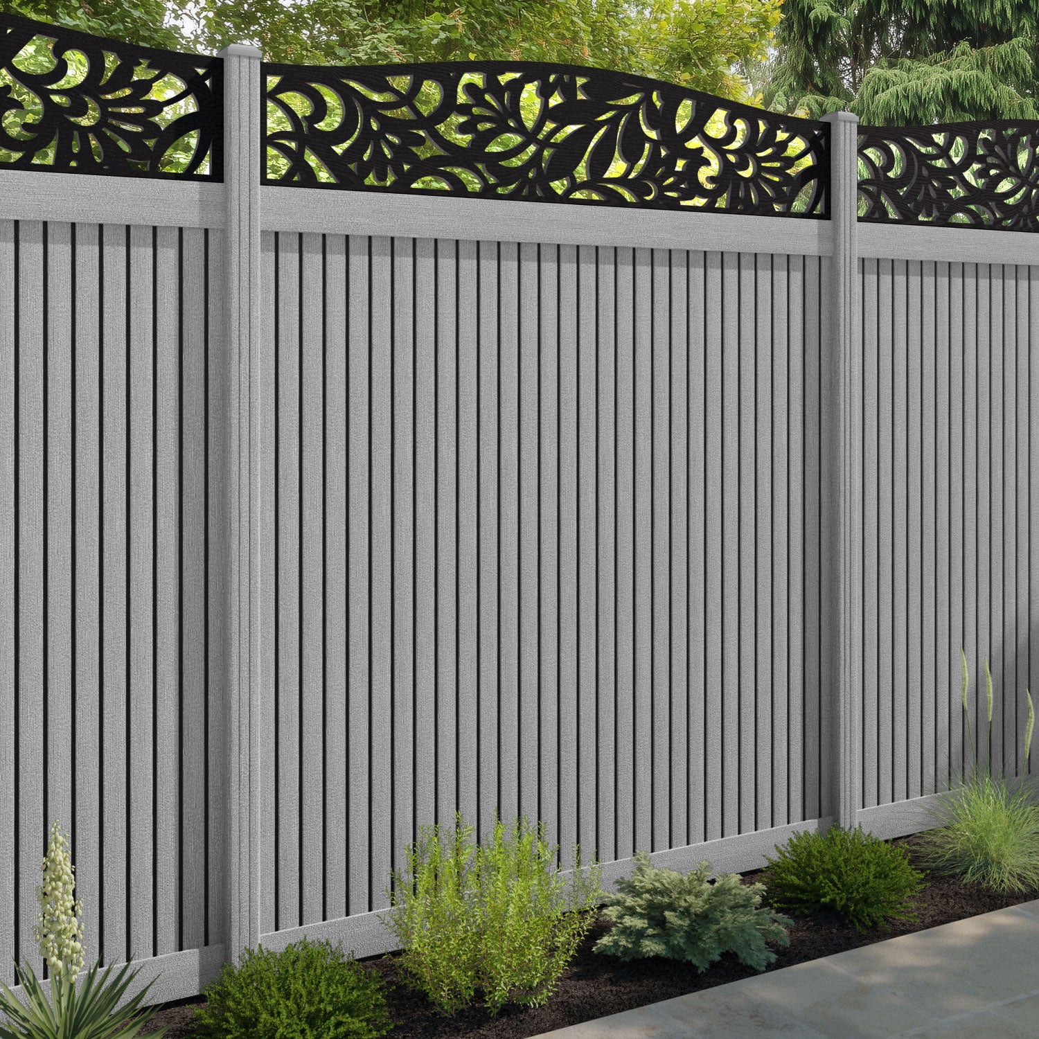 Virtis Heritage Curved Top Fence Panel - Light Grey - with our composite posts